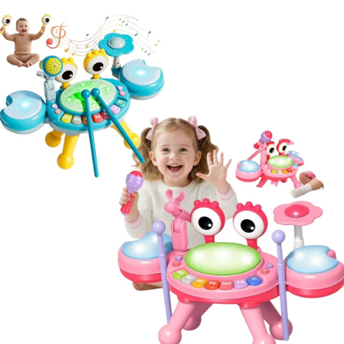 GENERICO - Juguete Musical Batería Electrónica Infantil con Micrófono Cangrejo Azul