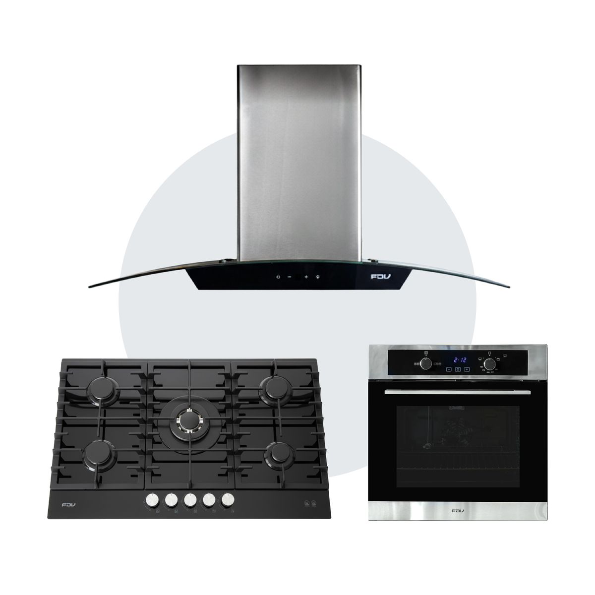 FDV - COMBO FDV CAMPANA CRYSTAL 90 + ENCIMERA CHEF GLASS 90 GLP + HORNO ONIX 70 GLP