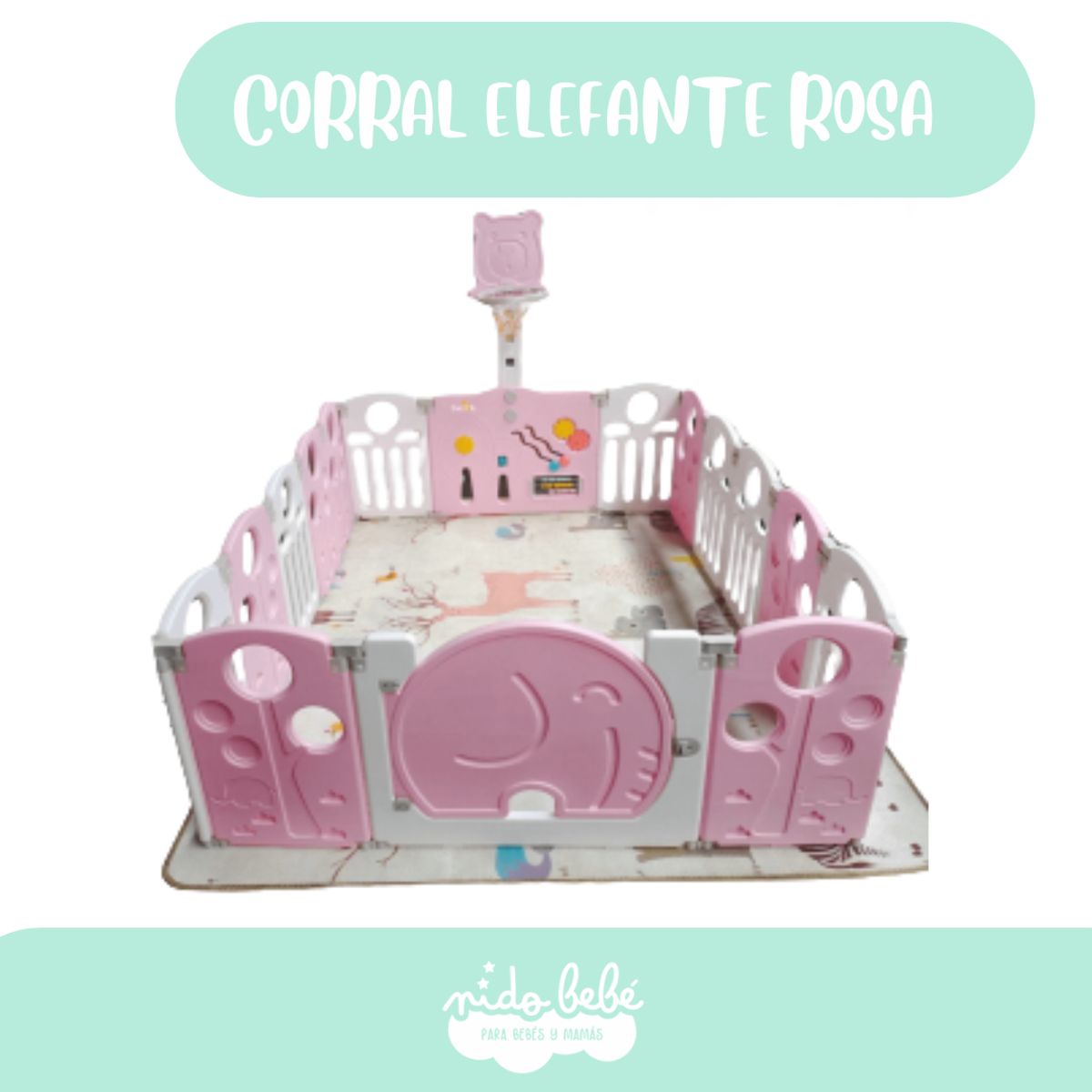 BABY - CORRALITO ELEFANTE 14 PANELES ROSA 150x150