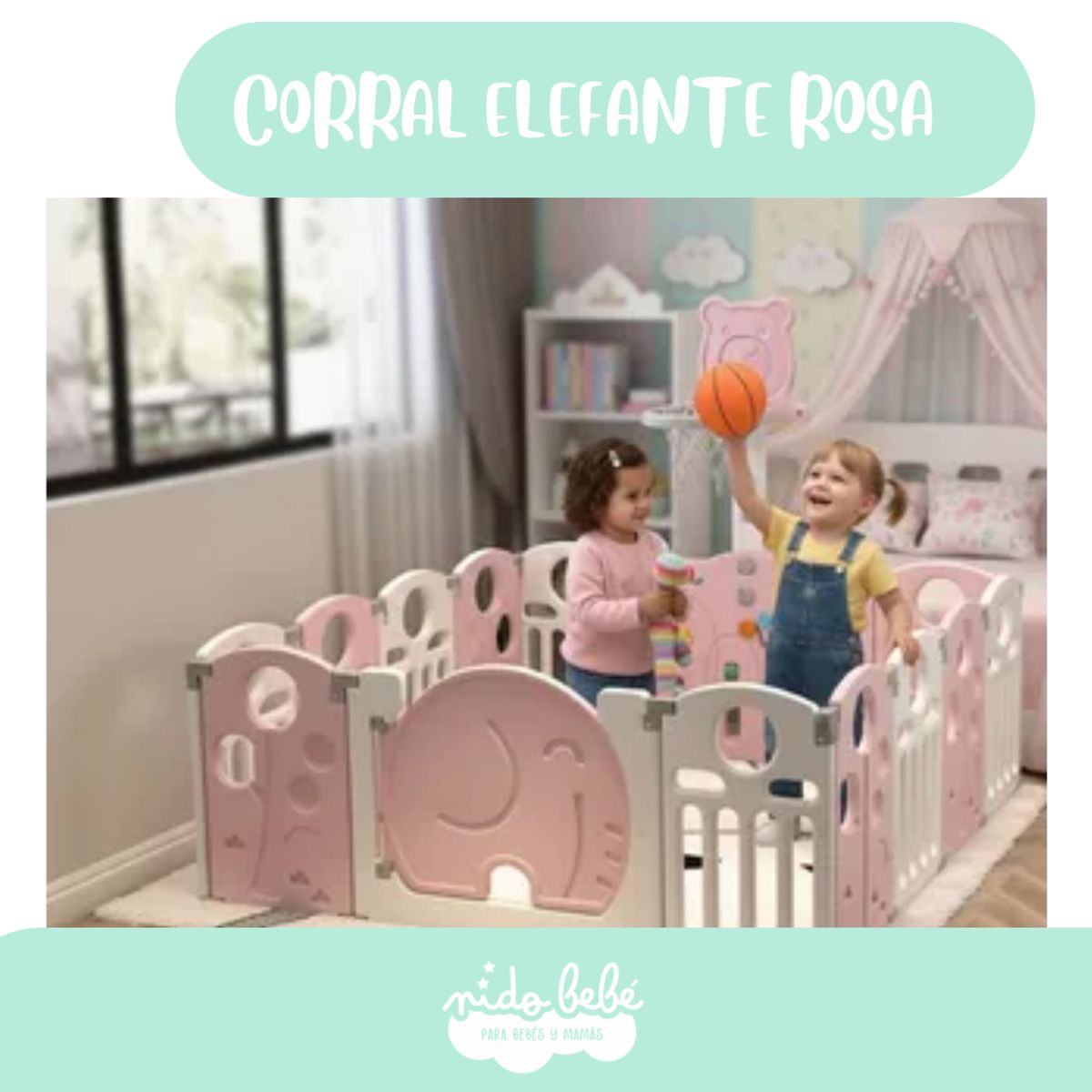 BABY - CORRALITO ELEFANTE 14 PANELES ROSA 150x150