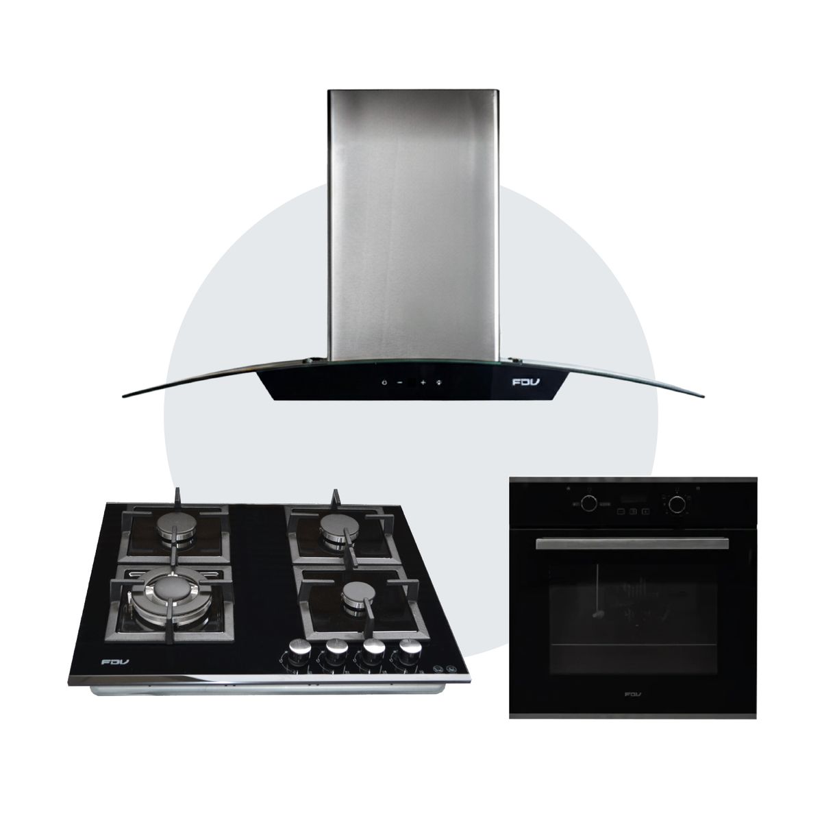 FDV - COMBO FDV CAMPANA CRYSTAL 90 + ENCIMERA BLACK 60 GLP + HORNO BLACK 70 GLP