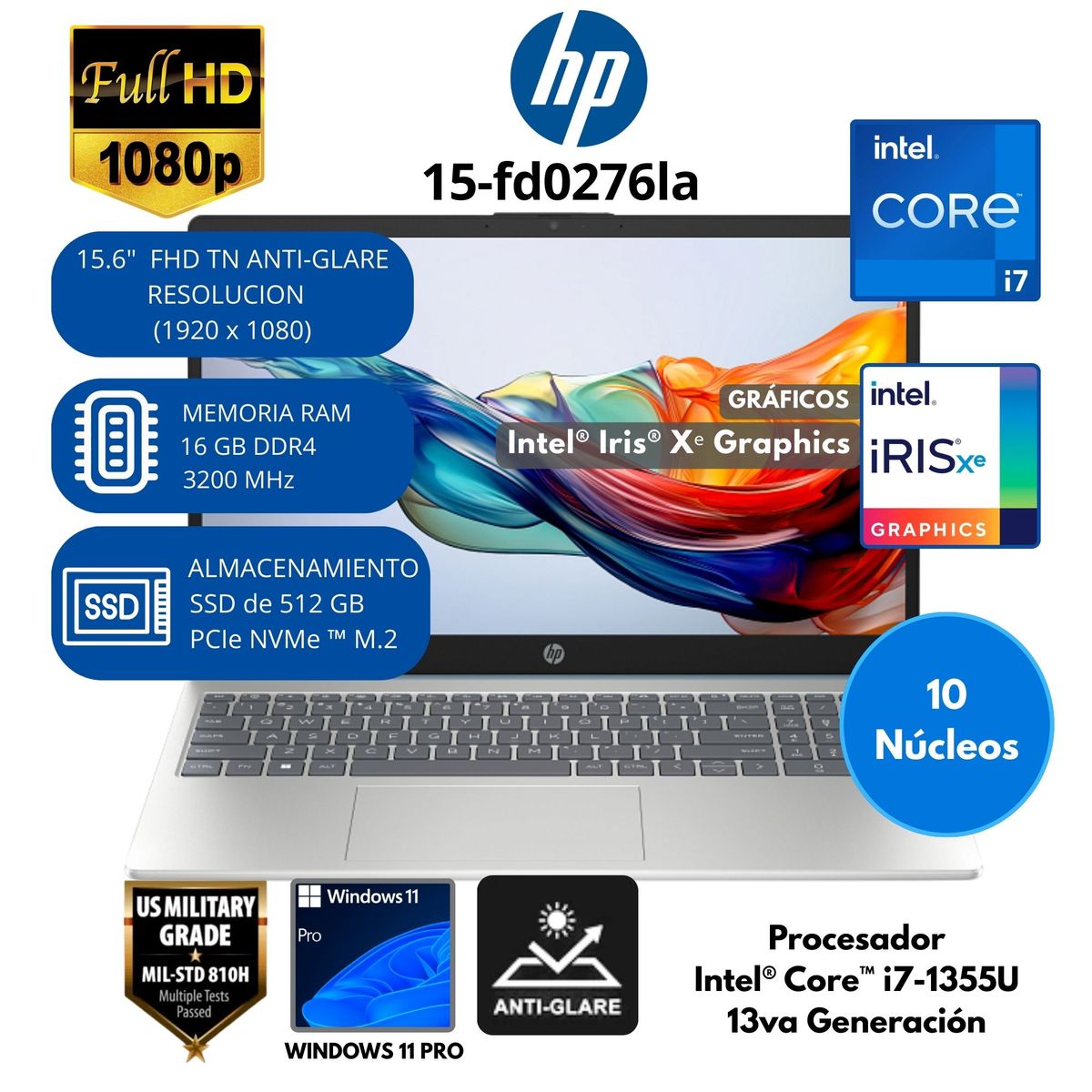 HP - Laptop HP Intel Core i7 (15-fd0276la) RAM 16 GB SSD 512 GB 15.6" FHD Windows 11 PRO