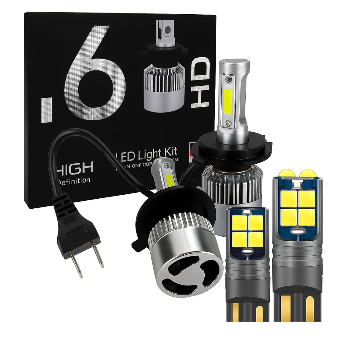 KOBO - Kit Focos LED Cree H4 S6 Plus 52000 Lm Alta/Baja + 2 Focos LED Lágrima T10 10LED Blanco 12V Premium