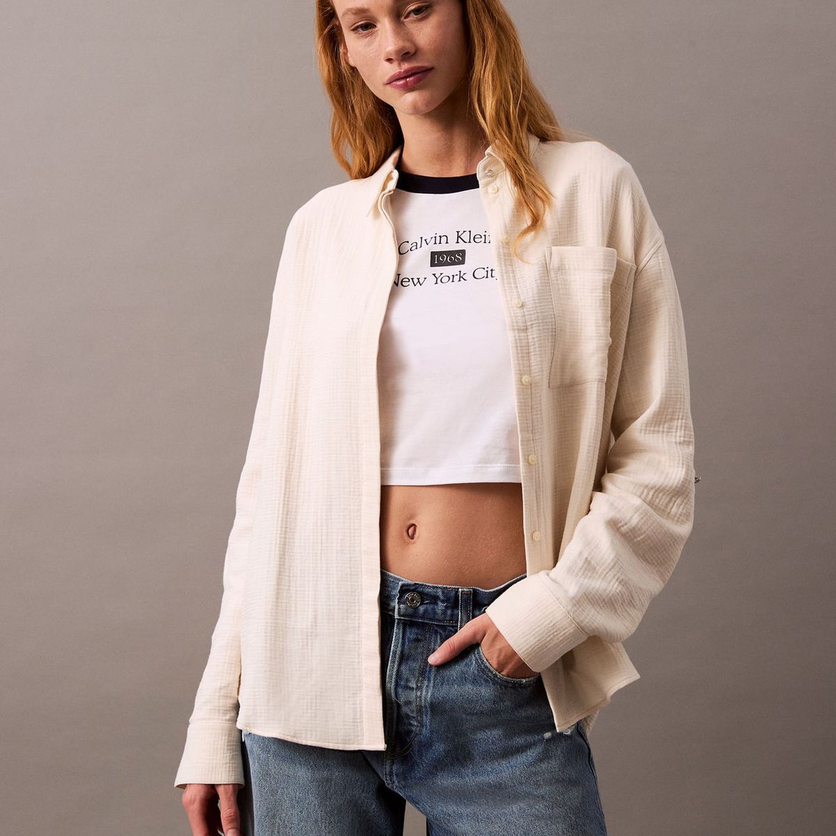 CALVIN KLEIN - BLUSA DOUBLE GAUZE ROLL TAB TOP