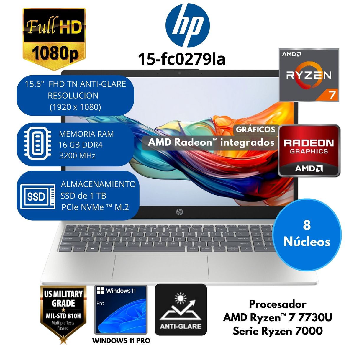 HP - Laptop HP AMD Ryzen 7 (15-fc0279la) RAM 16 GB SSD 1 TB 15.6" FHD Windows 11 PRO