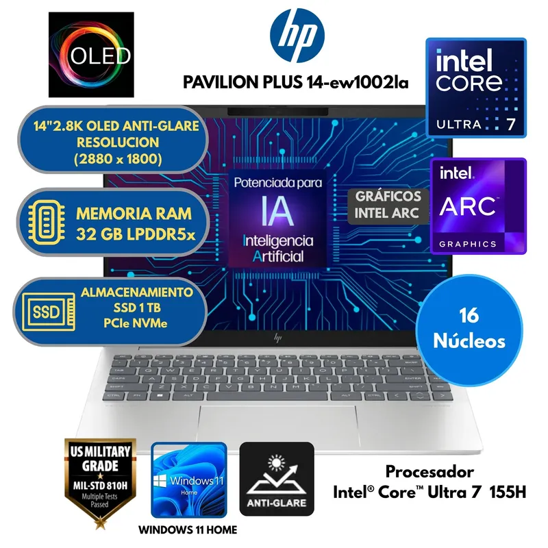 HP - Laptop HP Intel Core ULTRA 7 (PAVILION PLUS 14-ew1002la) RAM 32 GB SSD 1 TB 14" 2.8K OLED Windows 11