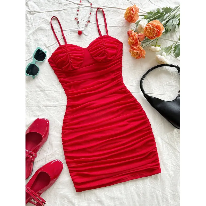 GENERICO - VESTIDO LOLITAS CASUAL DE MALLA  ROJO CORTO