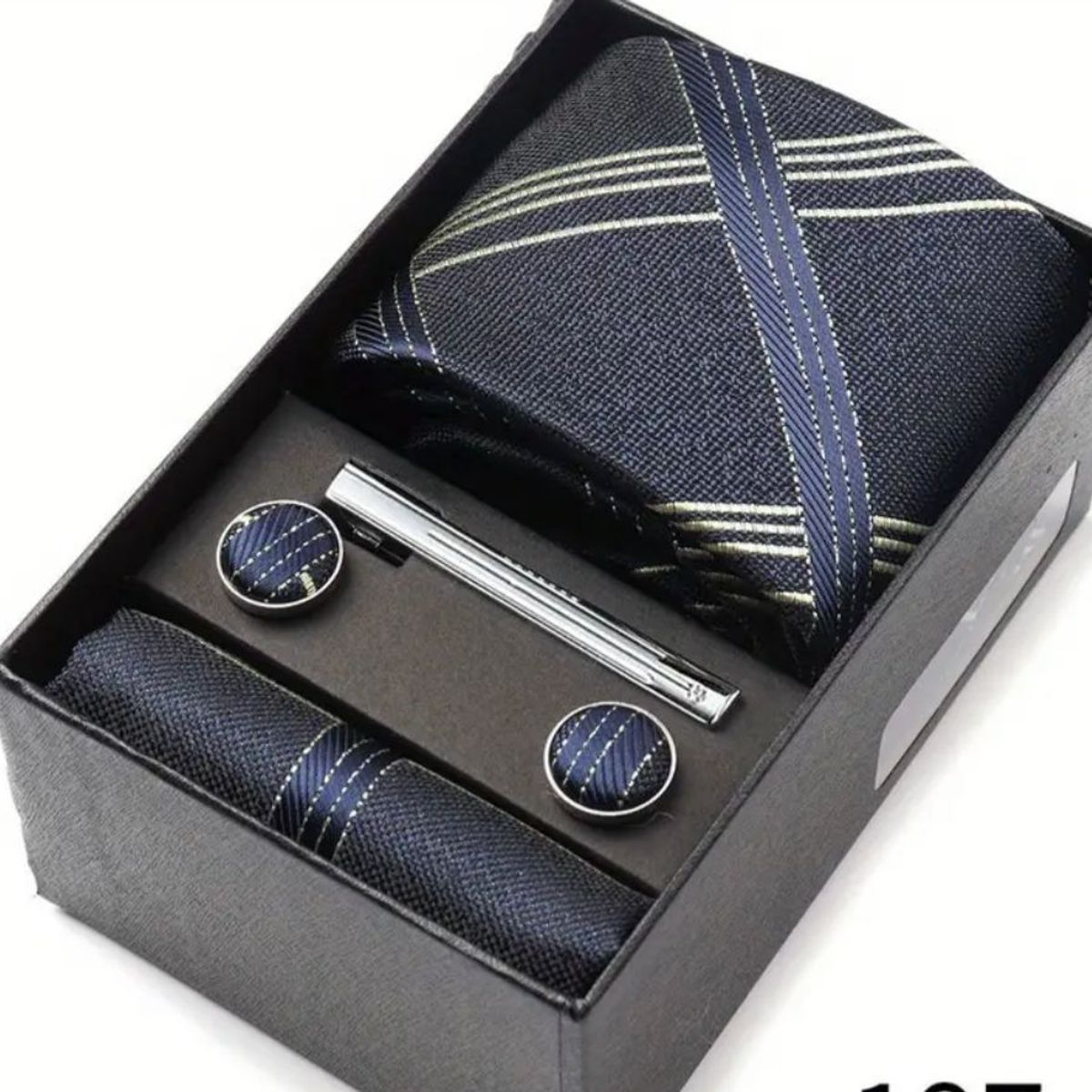 GENERICO - SET CORBATA PISA CORBATA GEMELOS Y PAÑUELO AZUL LINEAS