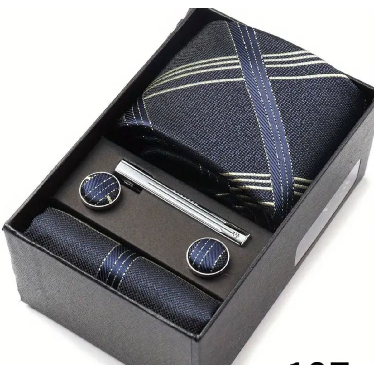 GENERICO - SET CORBATA PISA CORBATA GEMELOS Y PAÑUELO AZUL LINEAS