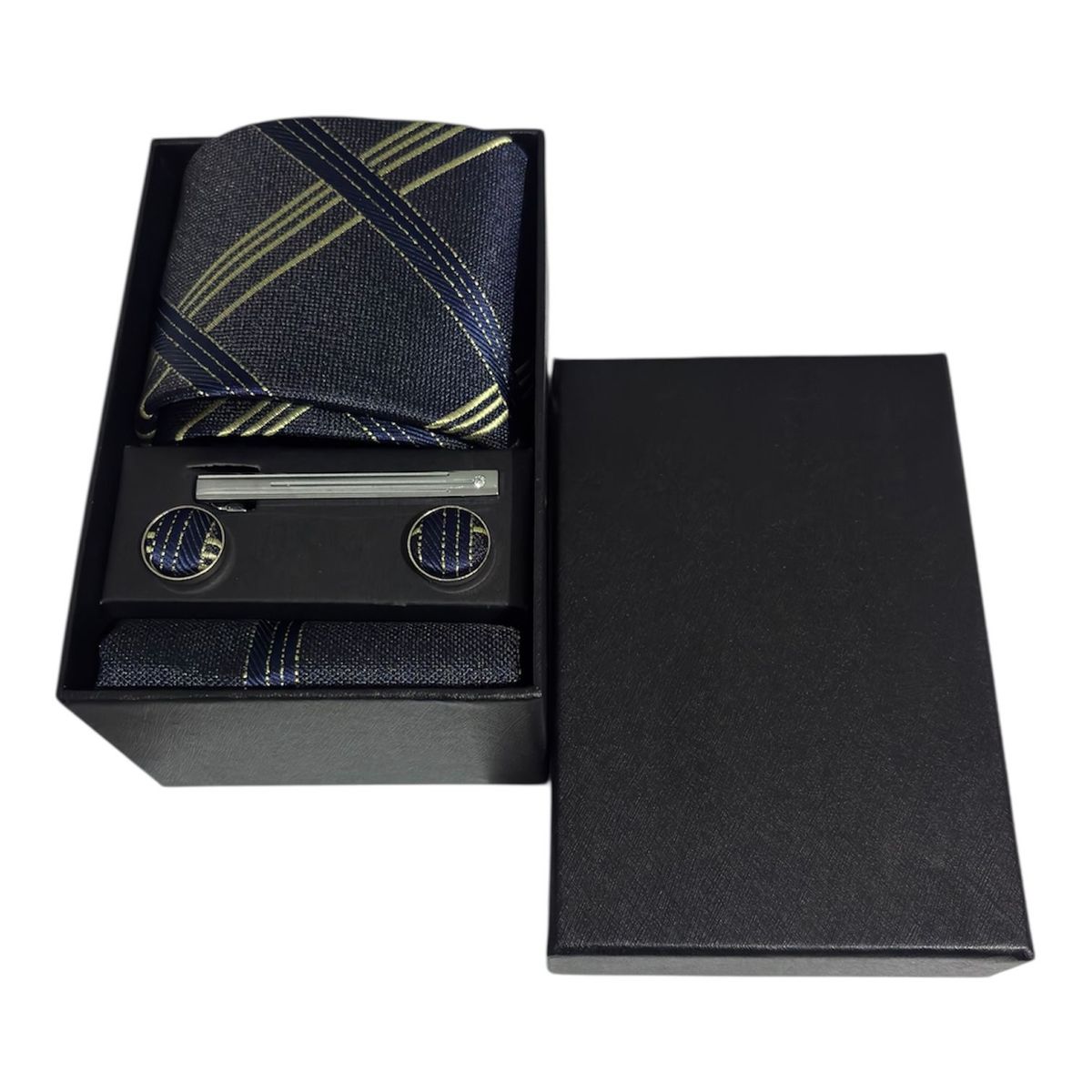 GENERICO - SET CORBATA PISA CORBATA GEMELOS Y PAÑUELO AZUL LINEAS