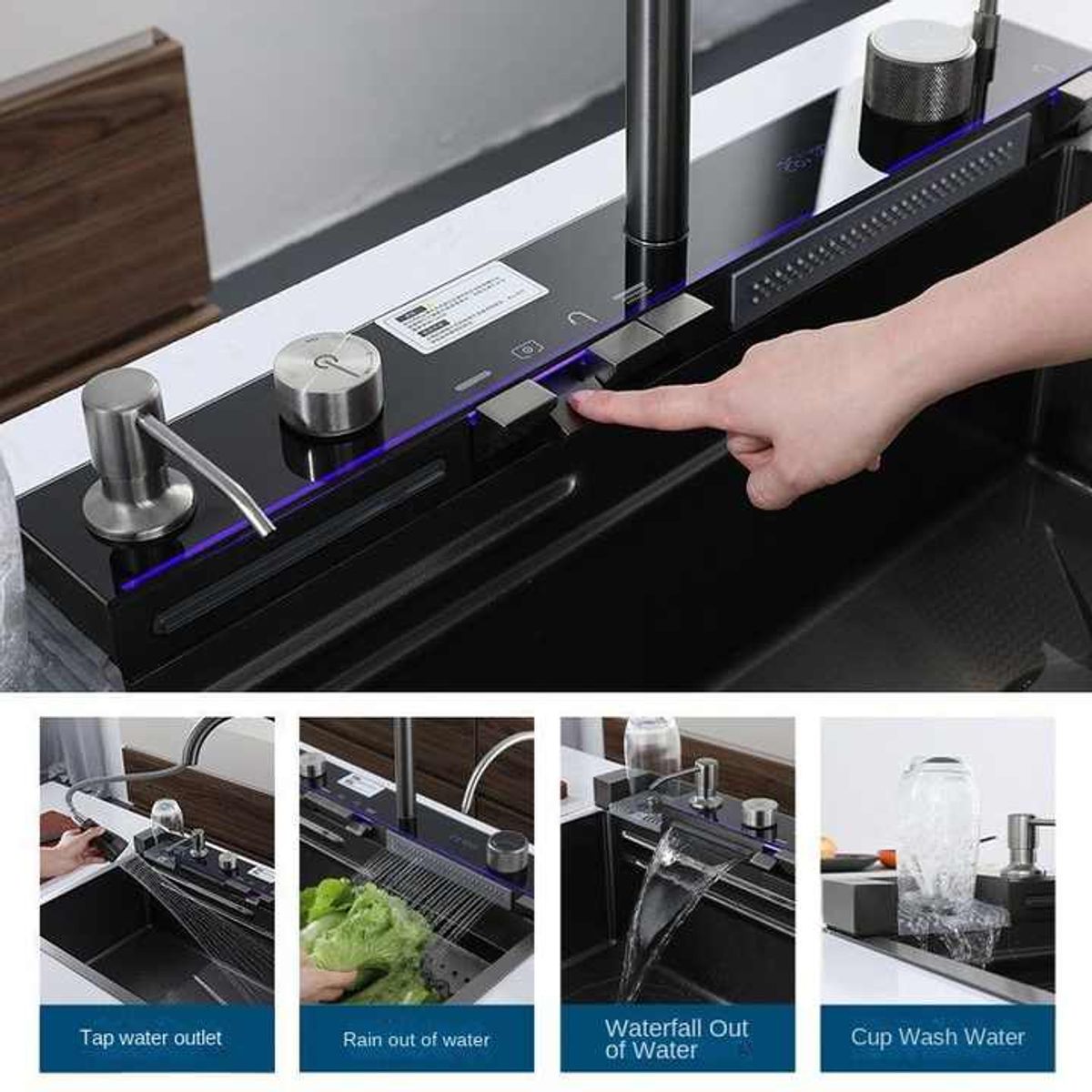 GENERICO - LAVADERO DE COCINA MULTIFUNCIONAL PRIMIUM DE ACERO INOXIDABLE 5 TECLAS Y DOBLE CASCADA  PANEL DIGITAL