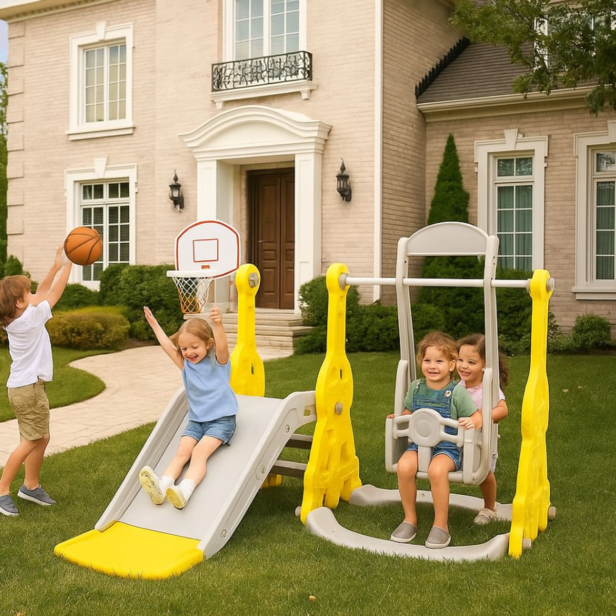 GENERICO - JUEGO ENTRENIMIENTO TOBOGAN INFANTIL COLUMPIO REGULABLE DESLIZADERA ESCALERA  ARO BALONCESTO PLEGABLE