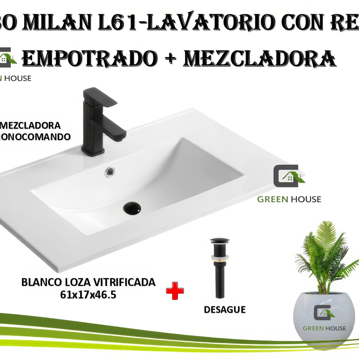 GREEN HOUSE - LAVATORIO CON REBOSE VITRIFICADO EMPOTRADO - BLANCO