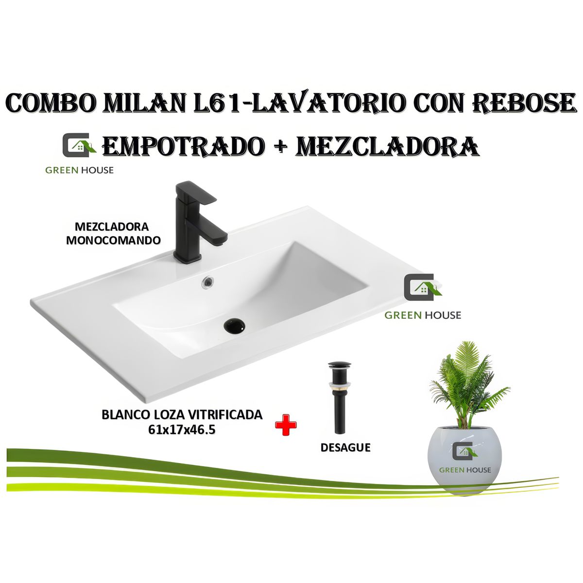 GREEN HOUSE - LAVATORIO CON REBOSE VITRIFICADO EMPOTRADO - BLANCO