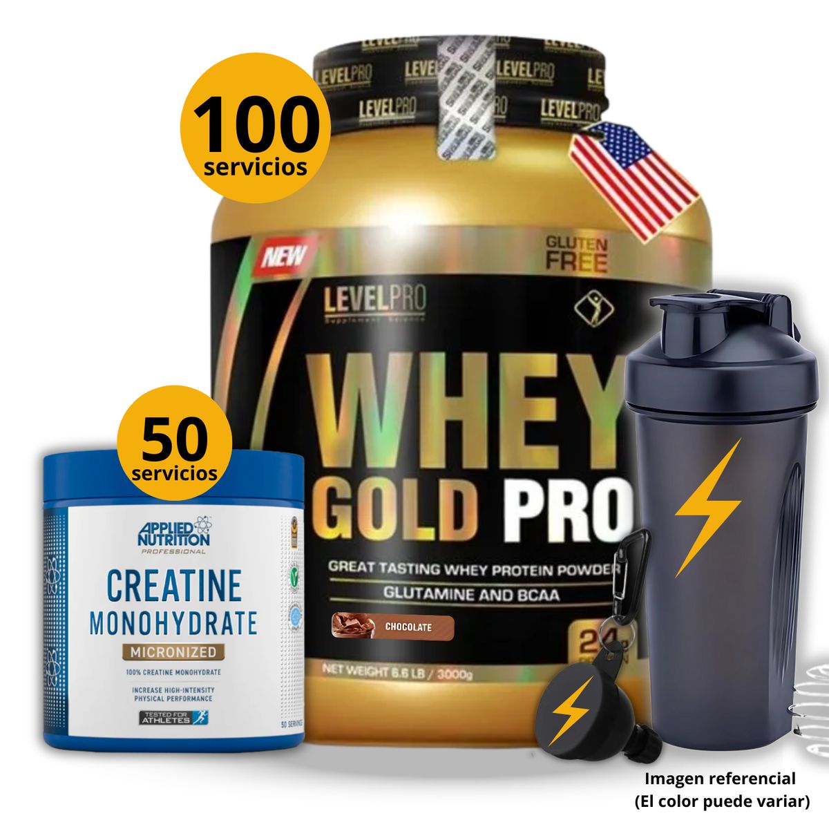 UNIVERSE NUTRITION - Proteína Whey gold pro de 3kg Chocolate + Creatina Applied Nutrition de 250gr + regalos