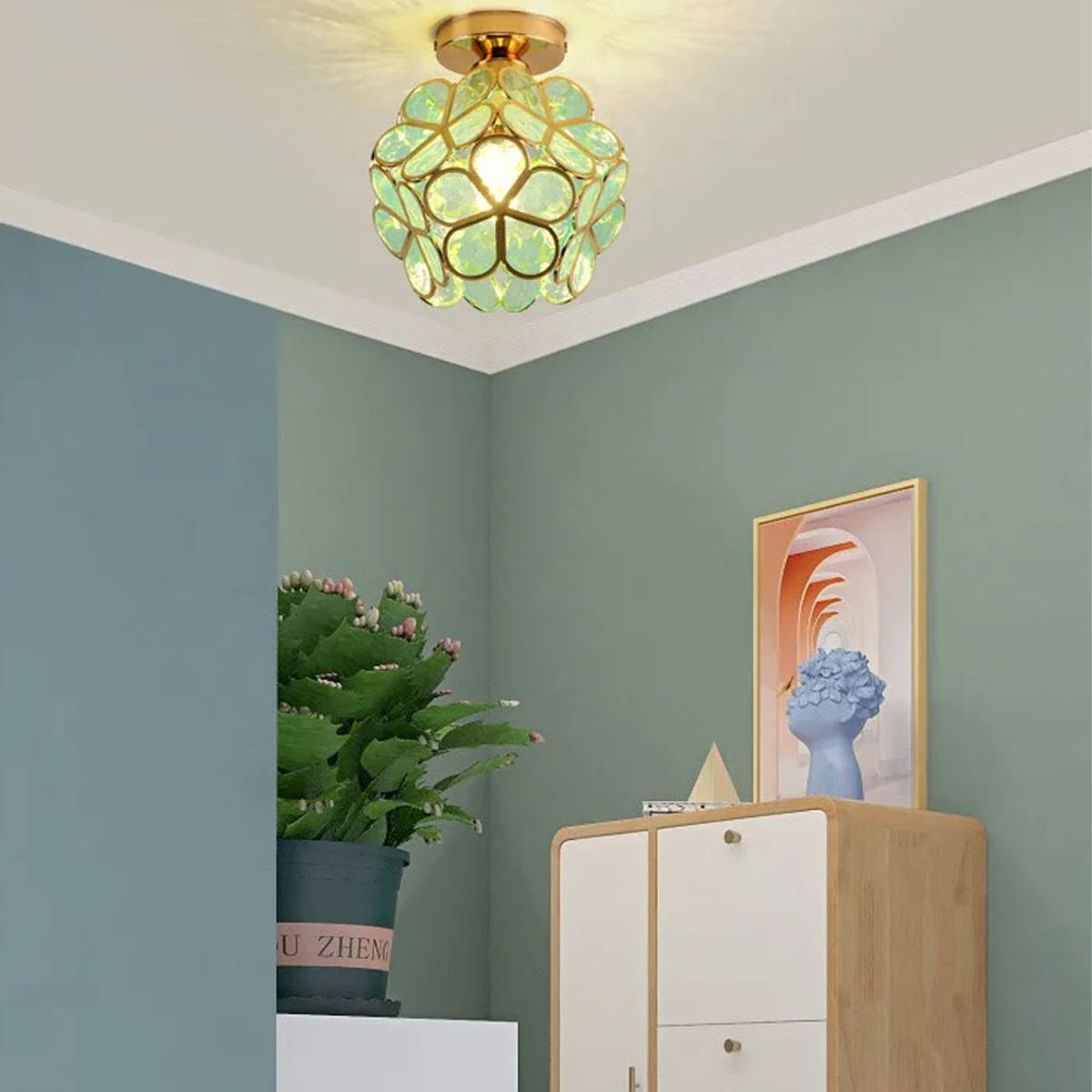 HOME NEAT - Lámpara de techo de flor de cereza de cristal E27 ø20cm Verde