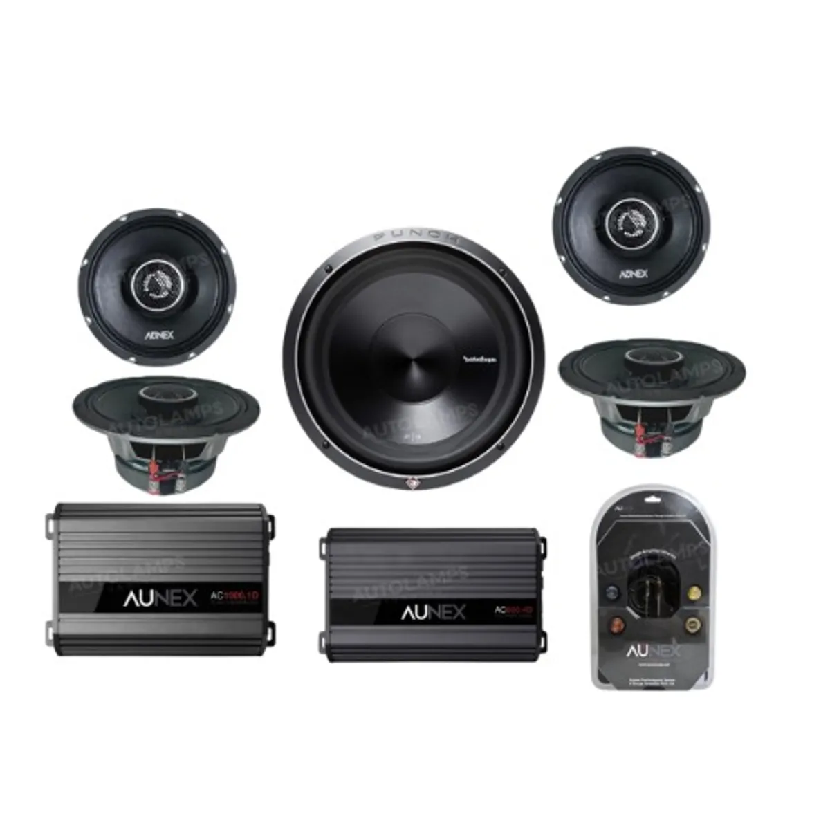 ROCKFORD - COMBO DE AUDIO COMPLETO AUNEX MEDIOS+MONORAL+AMP+SUB