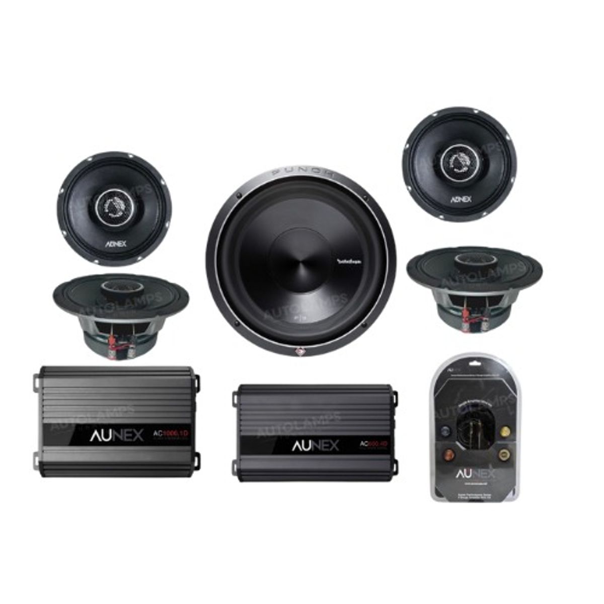 ROCKFORD - COMBO DE AUDIO COMPLETO AUNEX MEDIOS+MONORAL+AMP+SUB