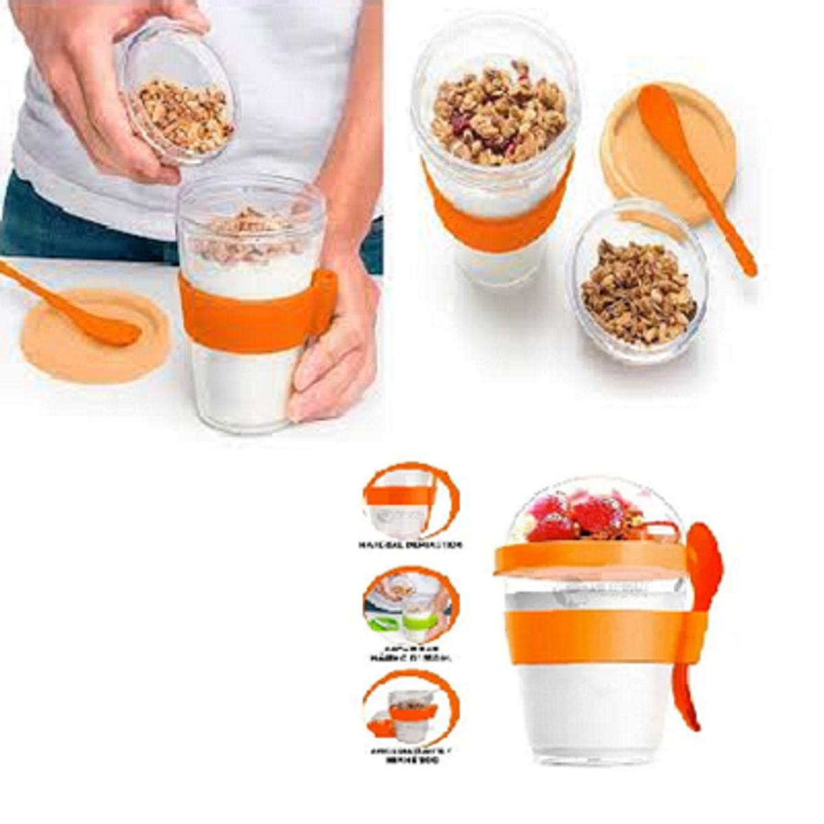 GENERICO - Vaso para Yogurt y Cereal con Cuchara de 350ML Anaranjado X 2 UNIDADES