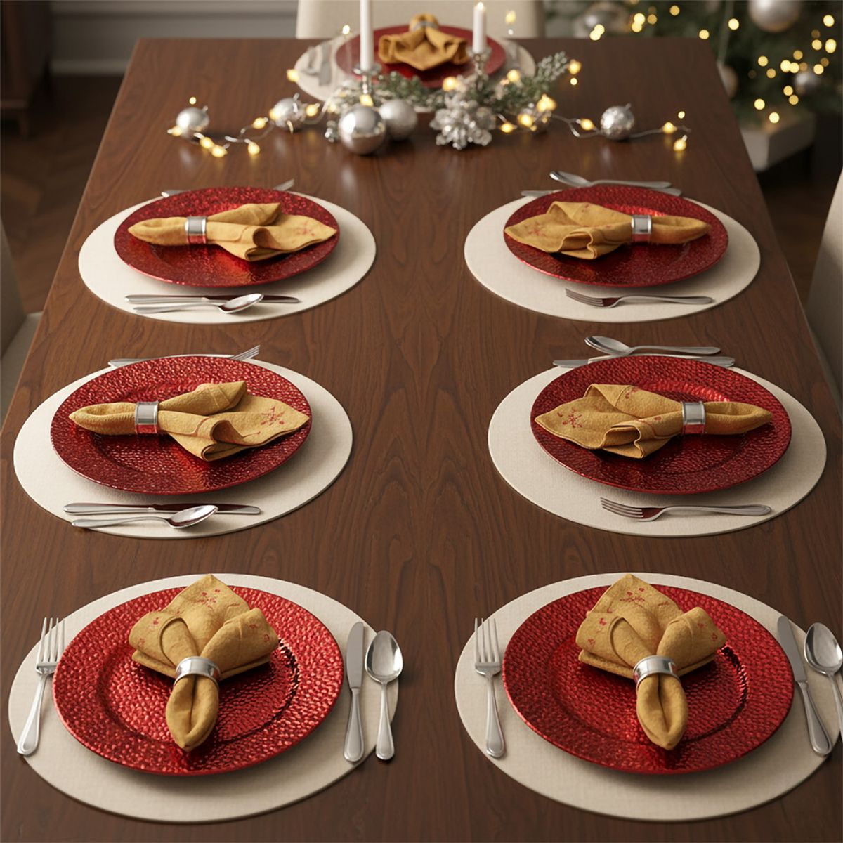 GENERICO - Plato de Sitio 6 Pzas Navidad Brillos Rojo 33 cm - 13”