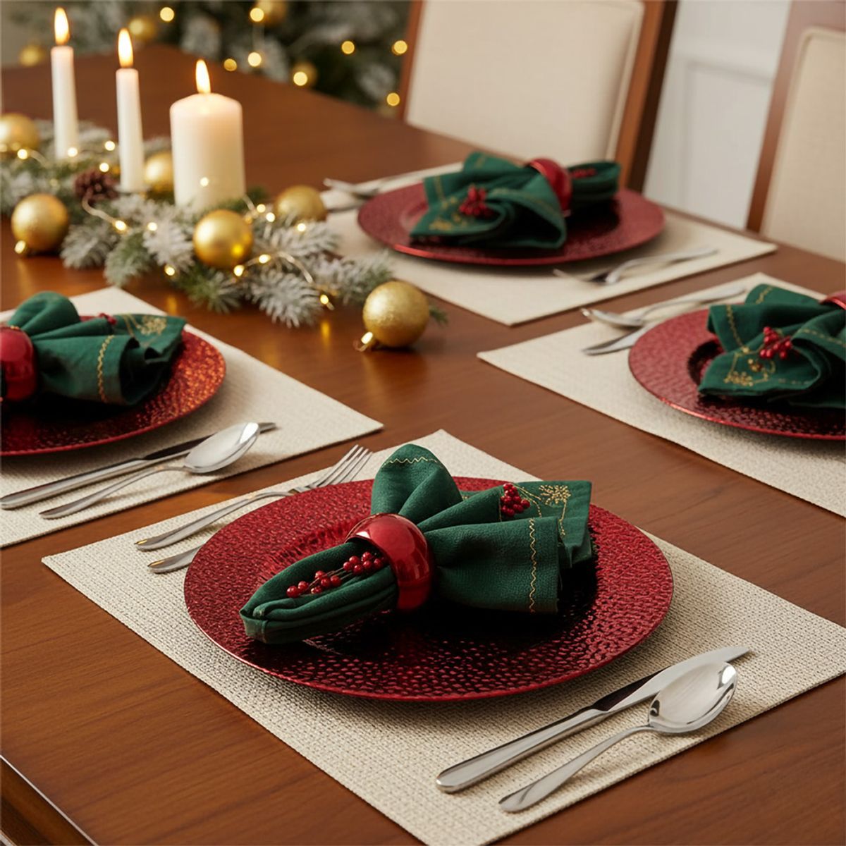 GENERICO - Plato de Sitio 6 Pzas Navidad Brillos Rojo 33 cm - 13”