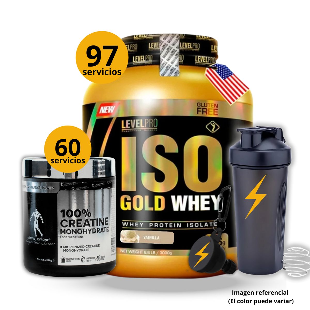UNIVERSE NUTRITION - Proteína Iso gold whey de 3kg Vainilla + Creatina Kevin Levrone de 300gr + regalos