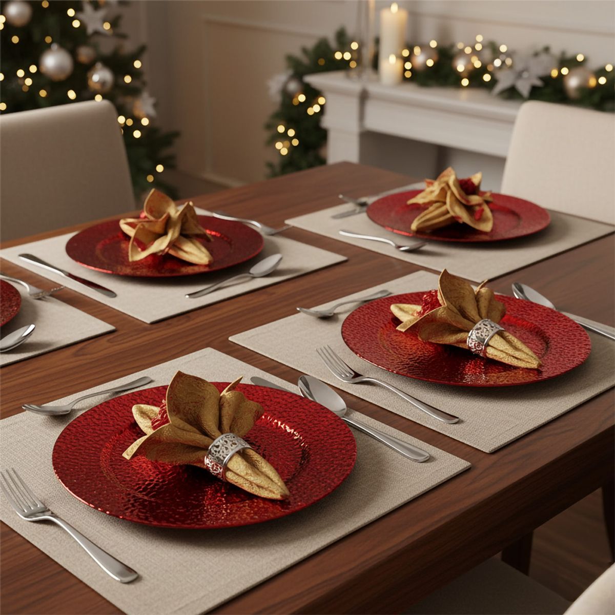 GENERICO - Plato de Sitio 4 Pzas Navidad Brillos Rojo 33 cm - 13”