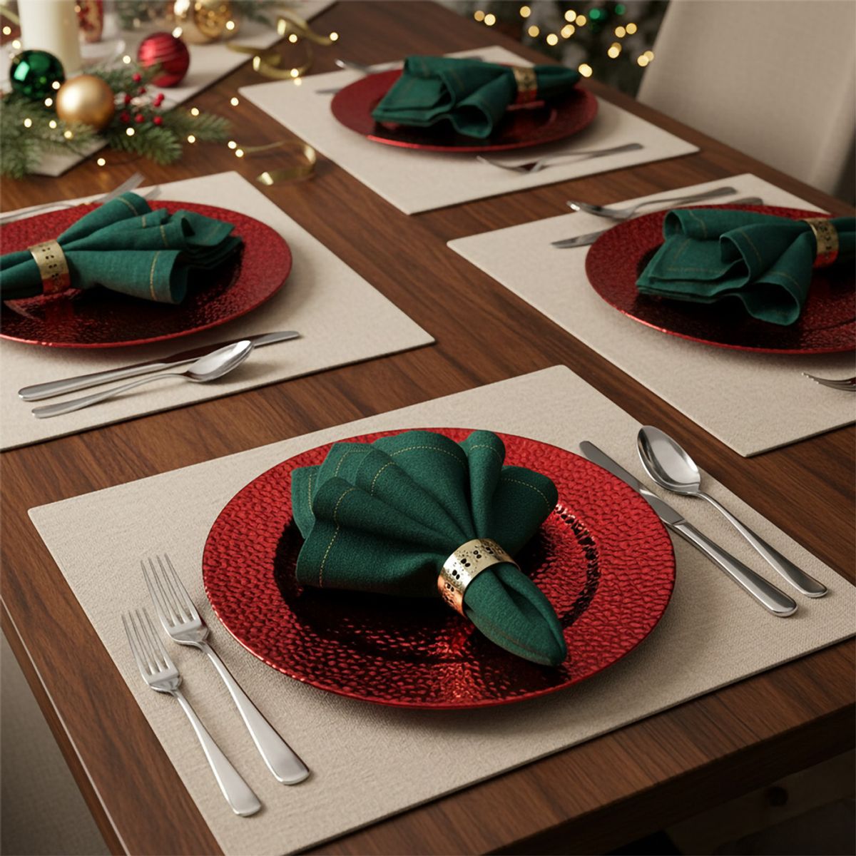 GENERICO - Plato de Sitio 4 Pzas Navidad Brillos Rojo 33 cm - 13”