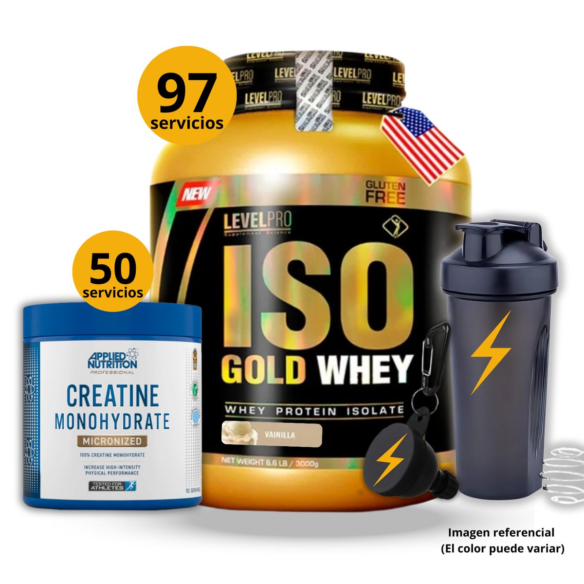 UNIVERSE NUTRITION - Proteína Iso gold whey de 3kg Vainilla + Creatina Applied Nutrition de 250gr + regalos