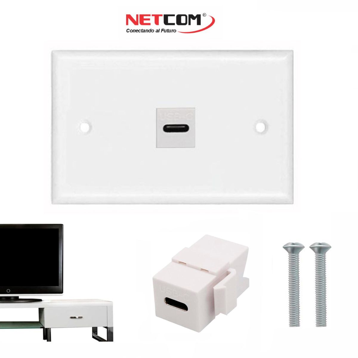 NETCOM - Placa de pared ABS 1 puerto USB C TIPO C Faceplate hembra a hembra NETCOM
