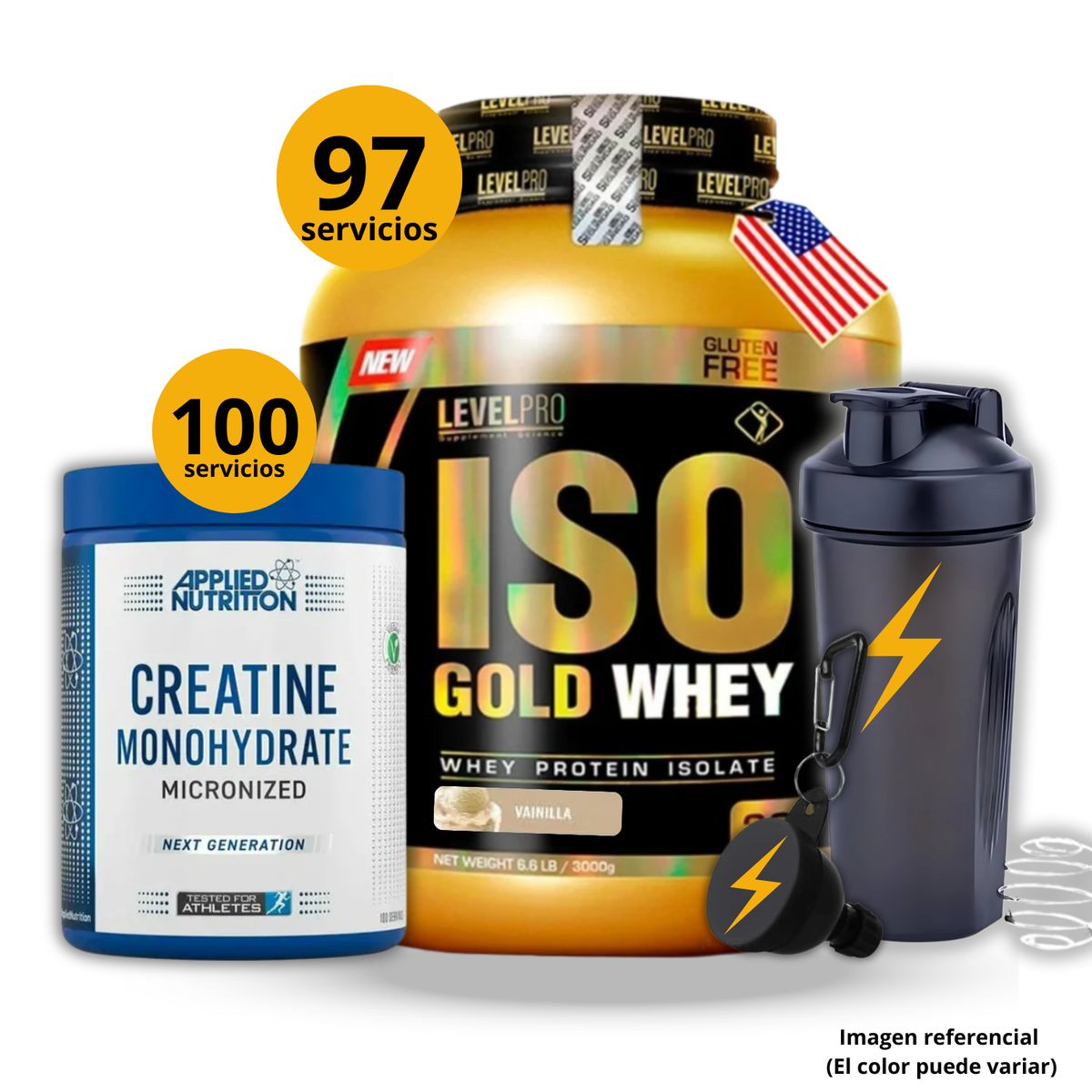 UNIVERSE NUTRITION - Proteína Iso gold whey de 3kg Vainilla + Creatina Applied Nutrition de 500gr + regalos