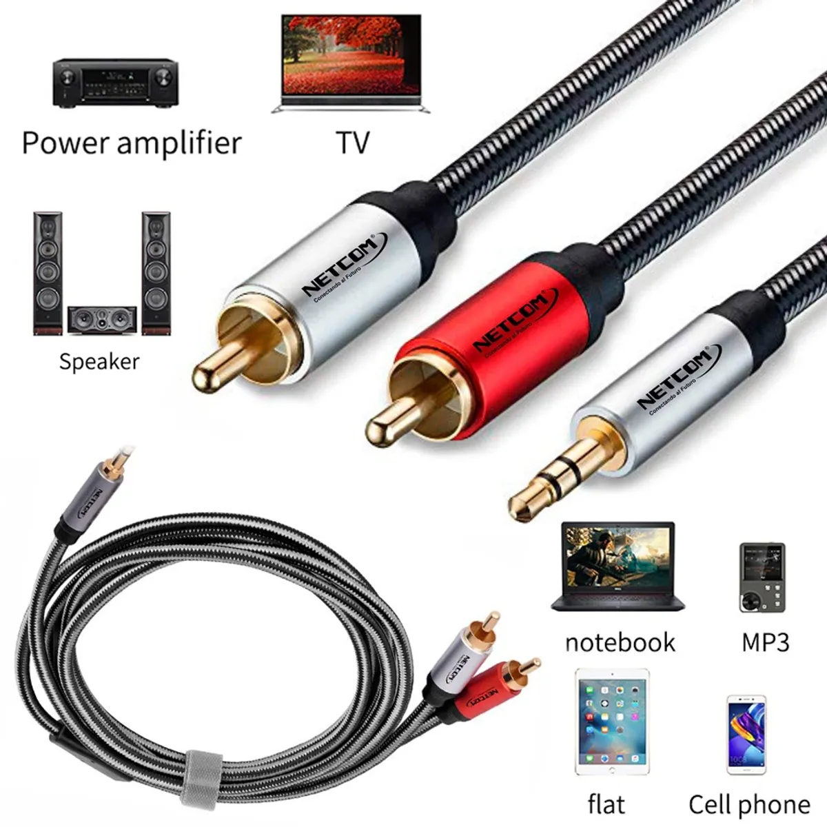 NETCOM - Cable de audio Plug 3.5mm a 2 RCA Macho 5 Metros NETCOM