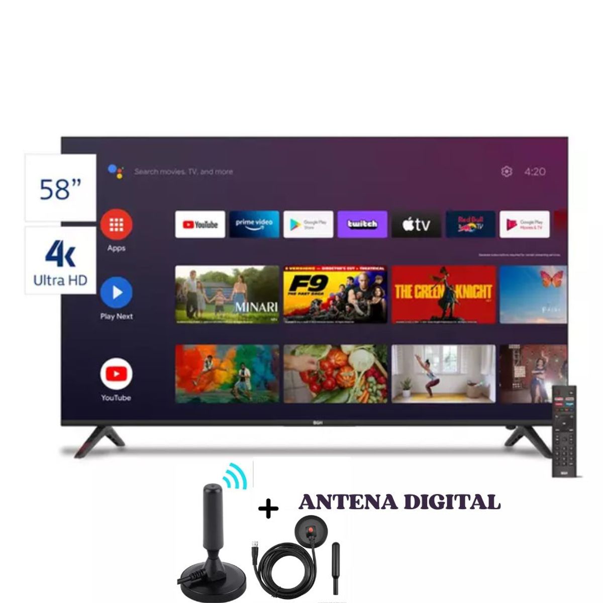 BGH - Televisor BGH 58 UHD 4K SMART TV Android TV sin bordes B5824UK6AIP + ANTENA DIGITAL