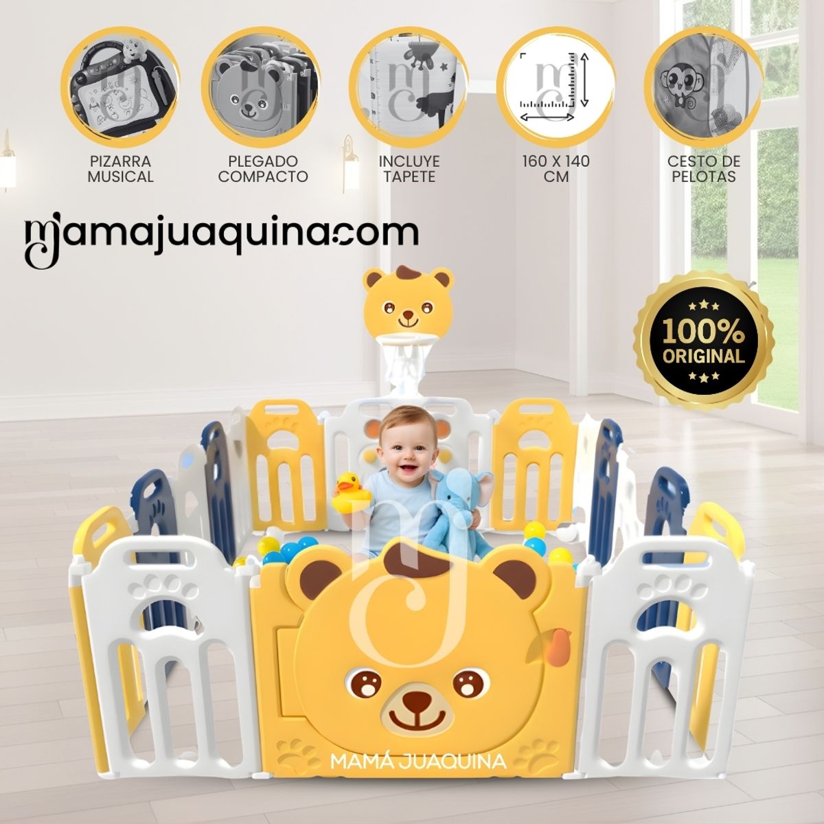 BABY - Corral Interactivo con Alfombra Plegable «TEDDY» Yellow