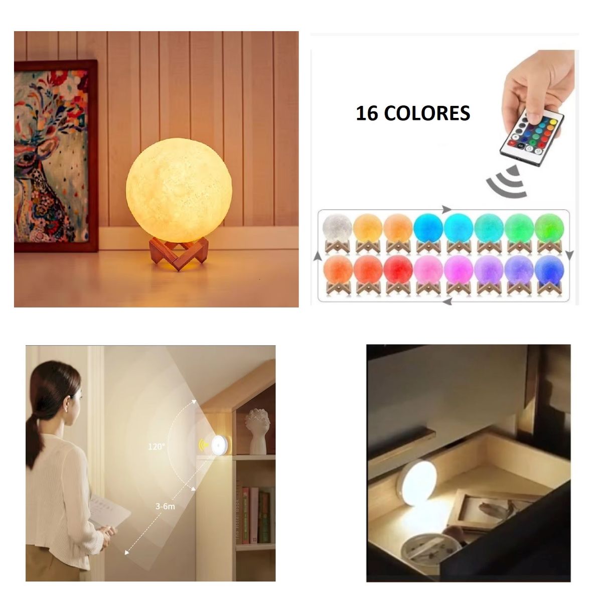 GENERICO - LAMPARA DE LUNA 3D LED 15 CM 16 COLORES + FOCO LED ADOSABLE CON SENSOR
