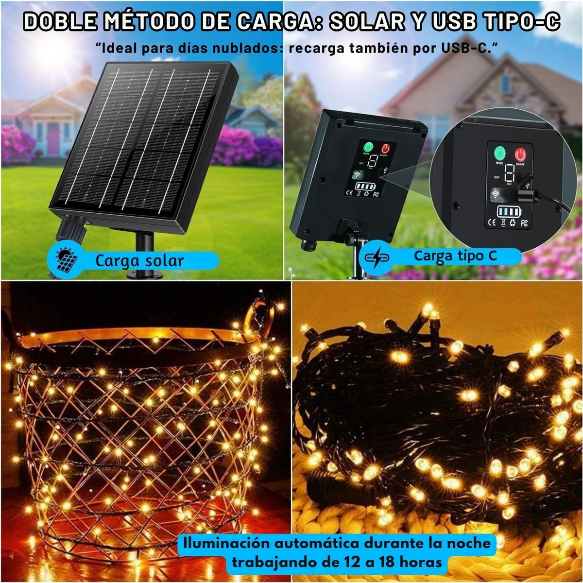 ARTEZA - Luces Navidad Exterior Solares LED 9 Metros 100 Luces Con Control Remoto