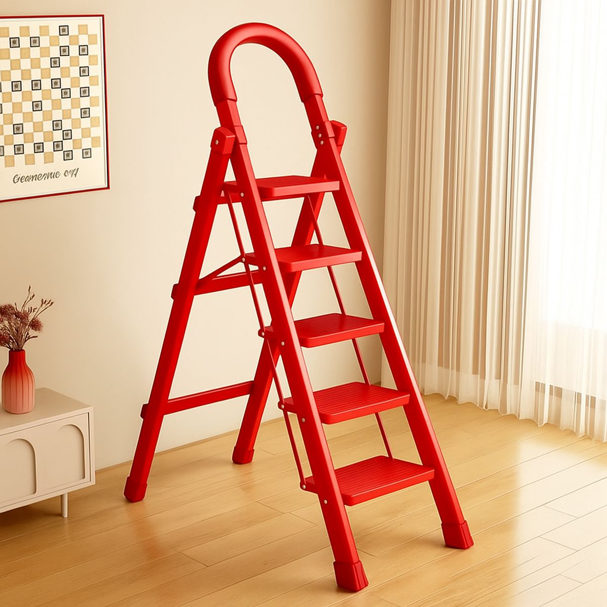 GENERICO - Escalera 5 Escalones Plegable Rojo Seguridad Antideslizante Reforzado Metal Compacto Hogar Oficina