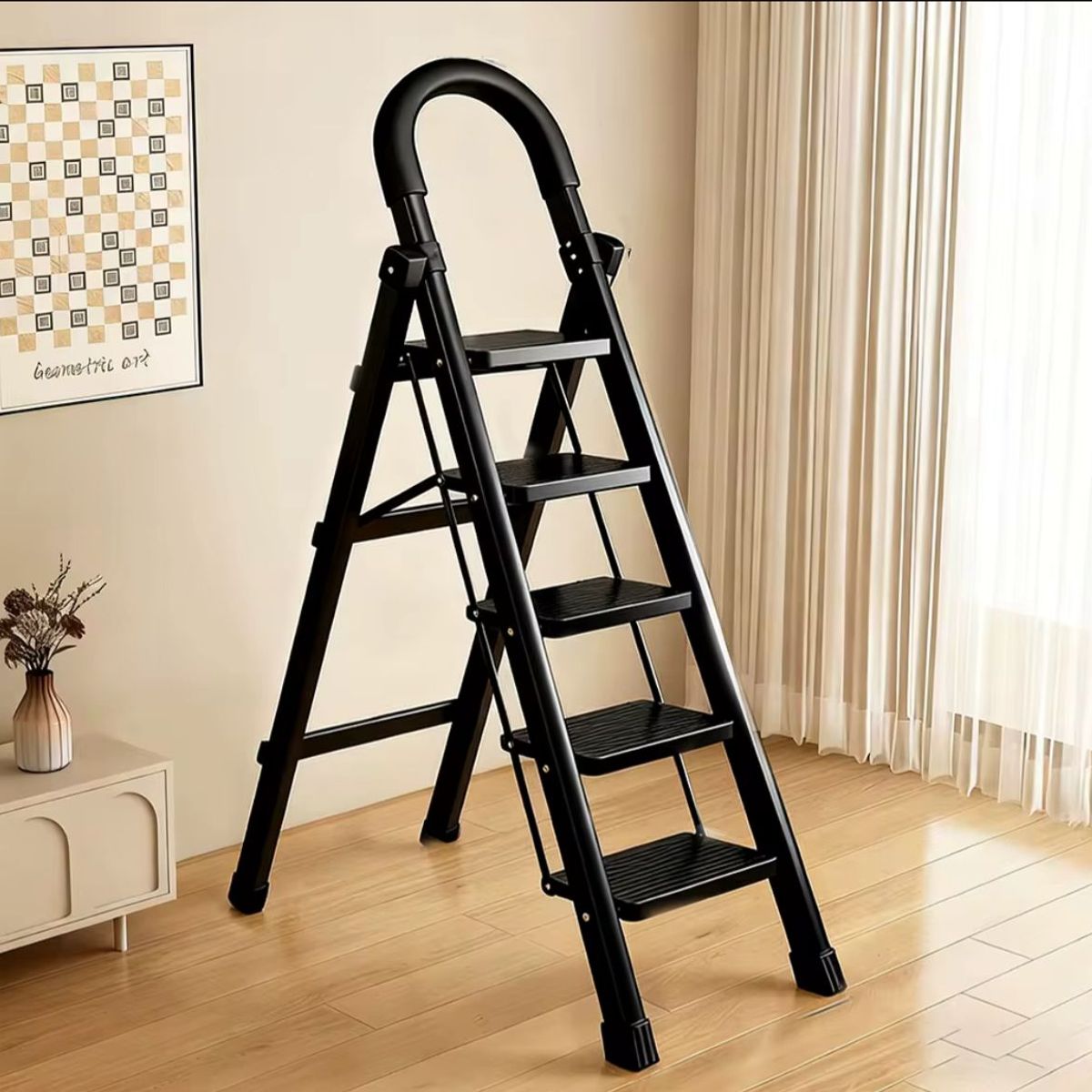 GENERICO - Escalera 5 Escalones Plegable Negro Seguridad Antideslizante Reforzado Metal Compacto Hogar Oficina