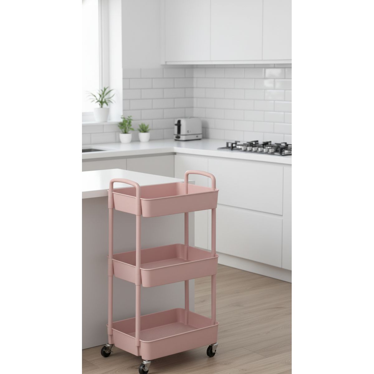 GENERICO - Carrito Organizador Almacenamiento Cocina Rodante 3 Niveles Multiusos Auxiliar Rosa
