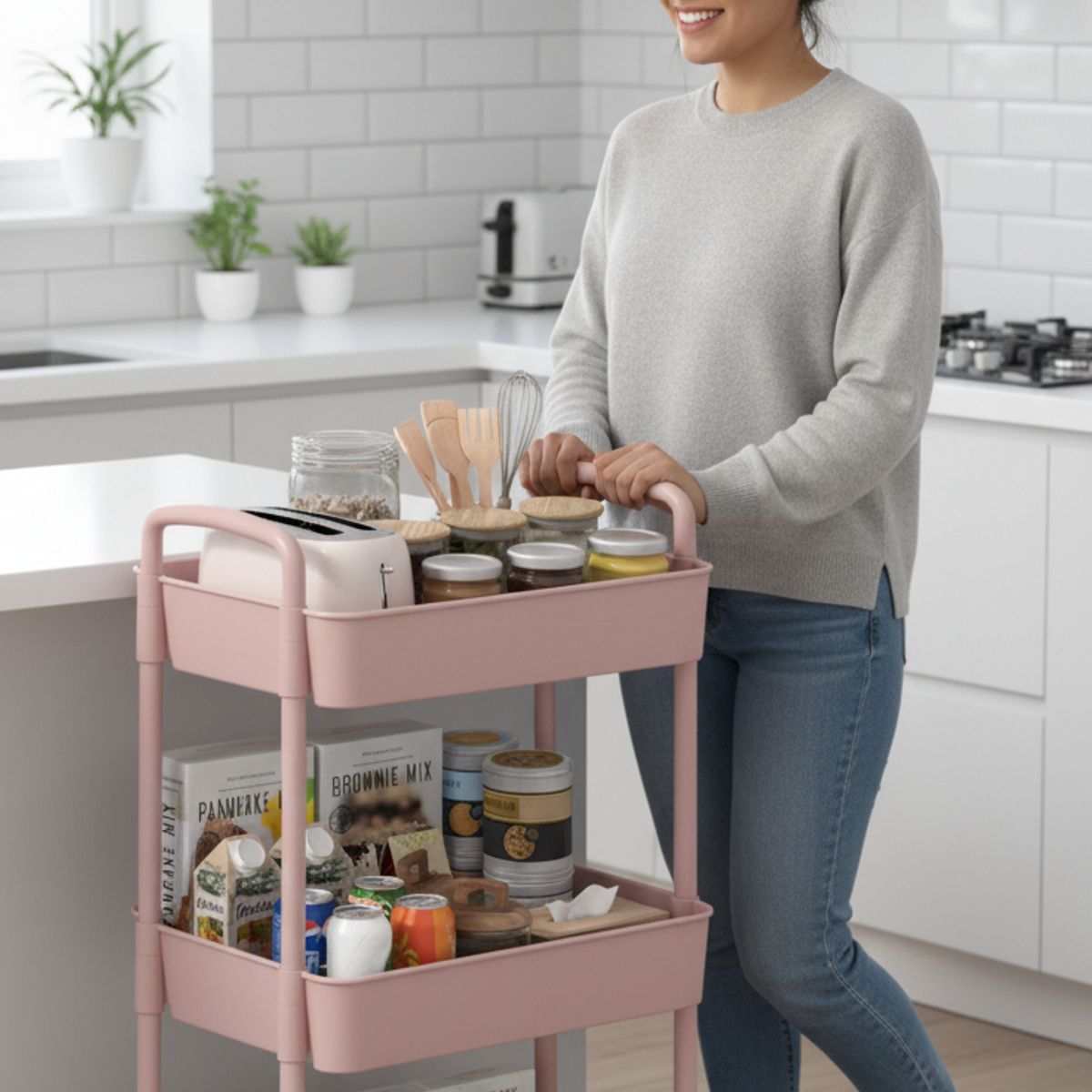 GENERICO - Carrito Organizador Almacenamiento Cocina Rodante 3 Niveles Multiusos Auxiliar Rosa