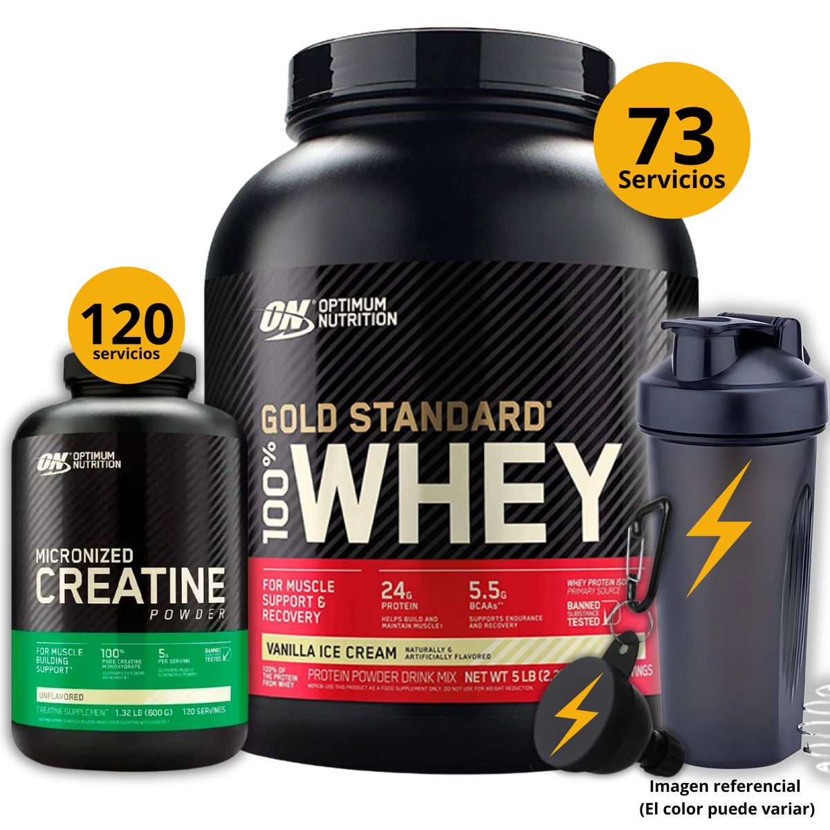 UNIVERSE NUTRITION - Proteína Gold standard whey de 5lb Vainilla + Creatina Optimum Nutrition de 300gr + regalos