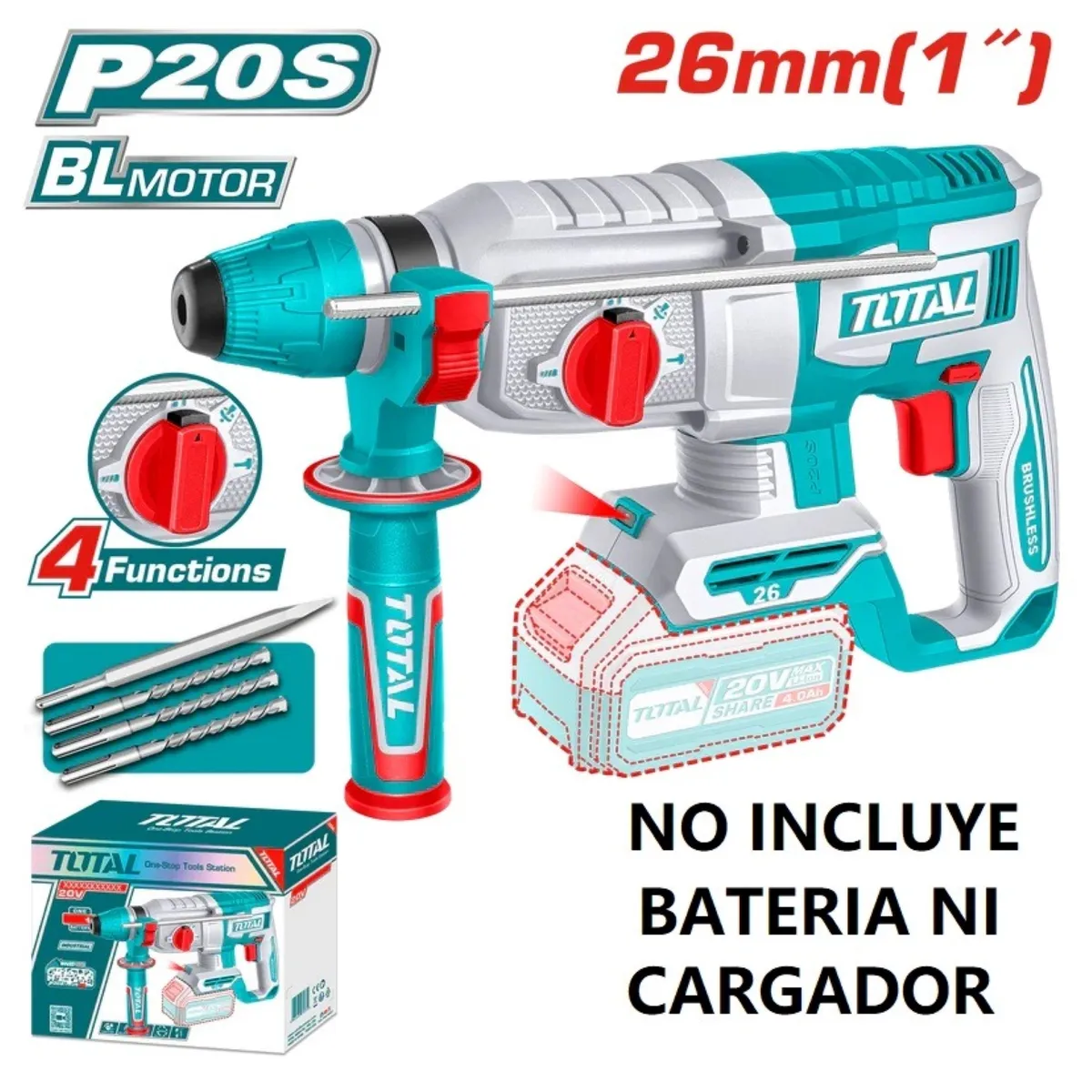 TOTAL TOOLS - Rotomartillo Sds + 26mm 20v 2.5j 0-5000bpm Brushless 4 Funciones Industrial Total – TRHLI20268