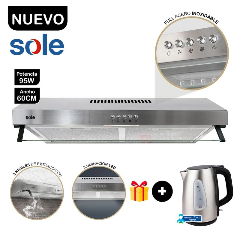 SOLE - Campana Extractora Roma TURE15C0V2 Acero Inoxidable 60cm + Hervidor Indurama