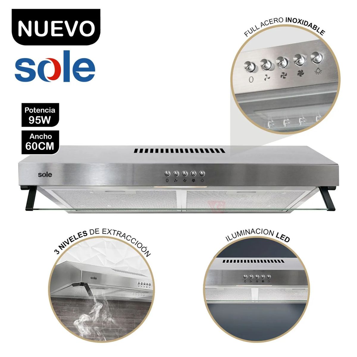 SOLE - Campana Extractora Roma TURE15C0V2 Acero Inoxidable 60cm