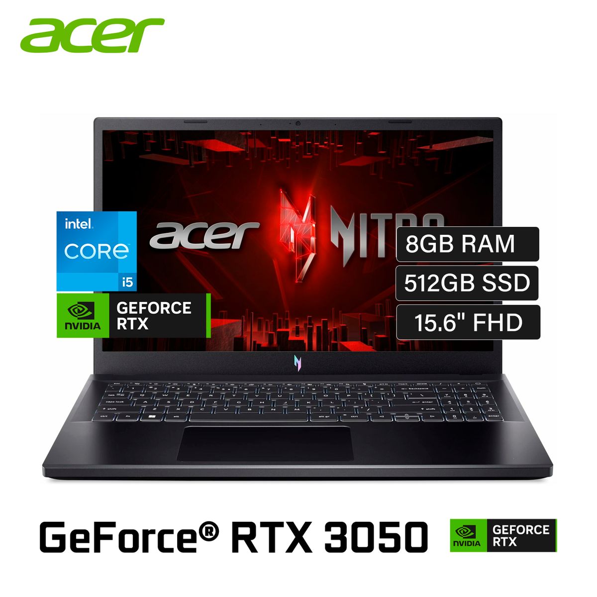 ACER - Laptop Gamer Acer Nitro V15 Core I5 13VA, 8GB RAM, 512GB SSD RTX 3050 6GB, WINDOWS 11