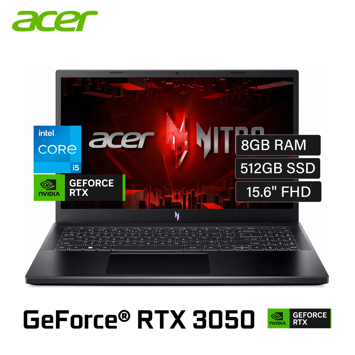 ACER - Laptop Gamer Acer Nitro V15 Core I5 13VA, 8GB RAM, 512GB SSD RTX 3050 6GB, WINDOWS 11
