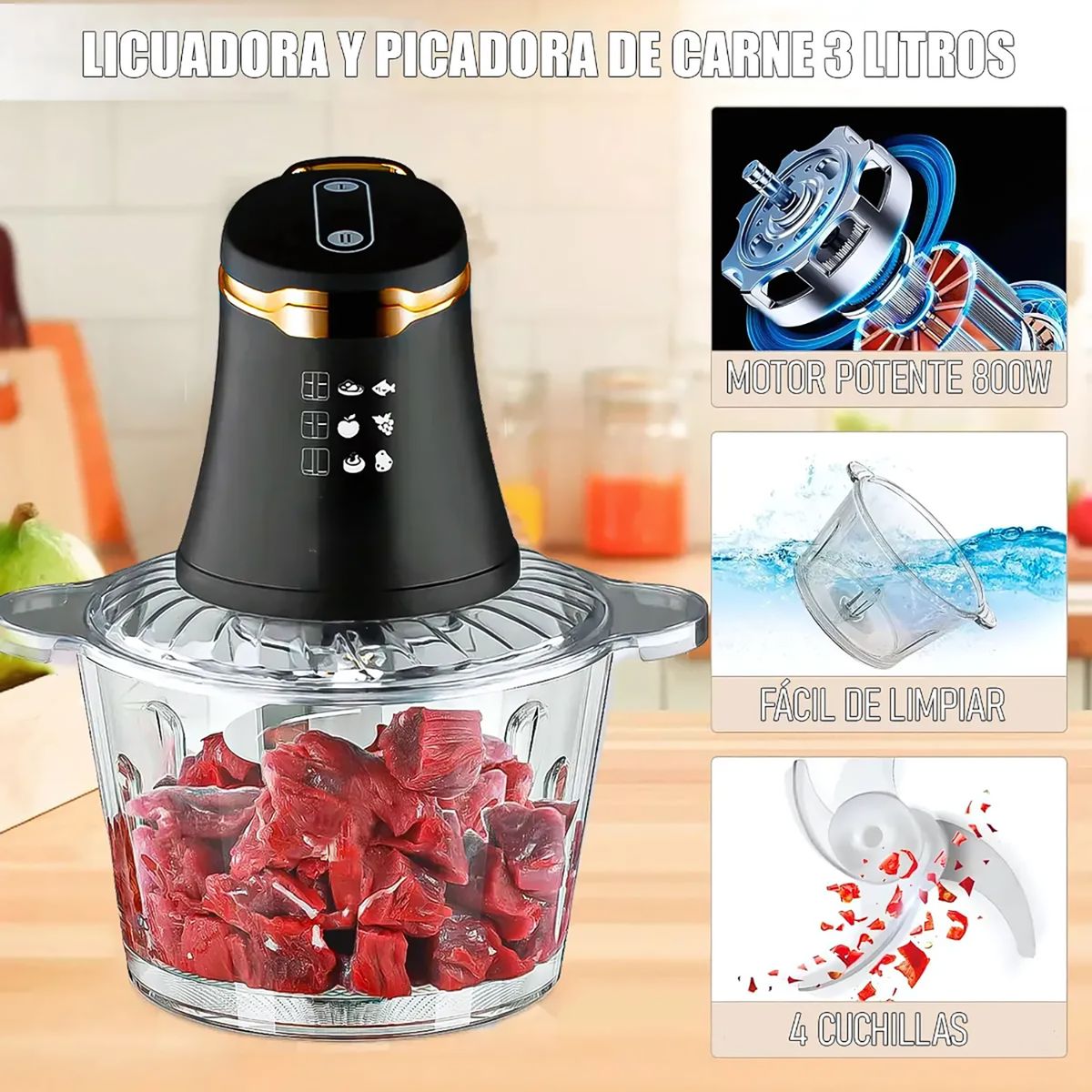 GENERICO - Picadora  Procesador de Eléctrica Multifuncional 3L  Tritura Pica y Mezcla en Segundos