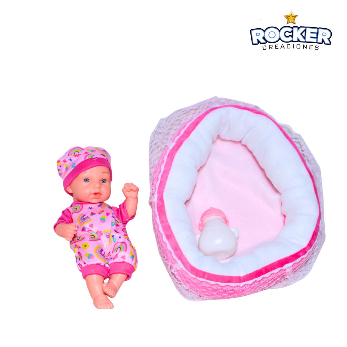 GENERICO - MUÑECA BEBE EN CUNA DE TELA ESTILO MOISES