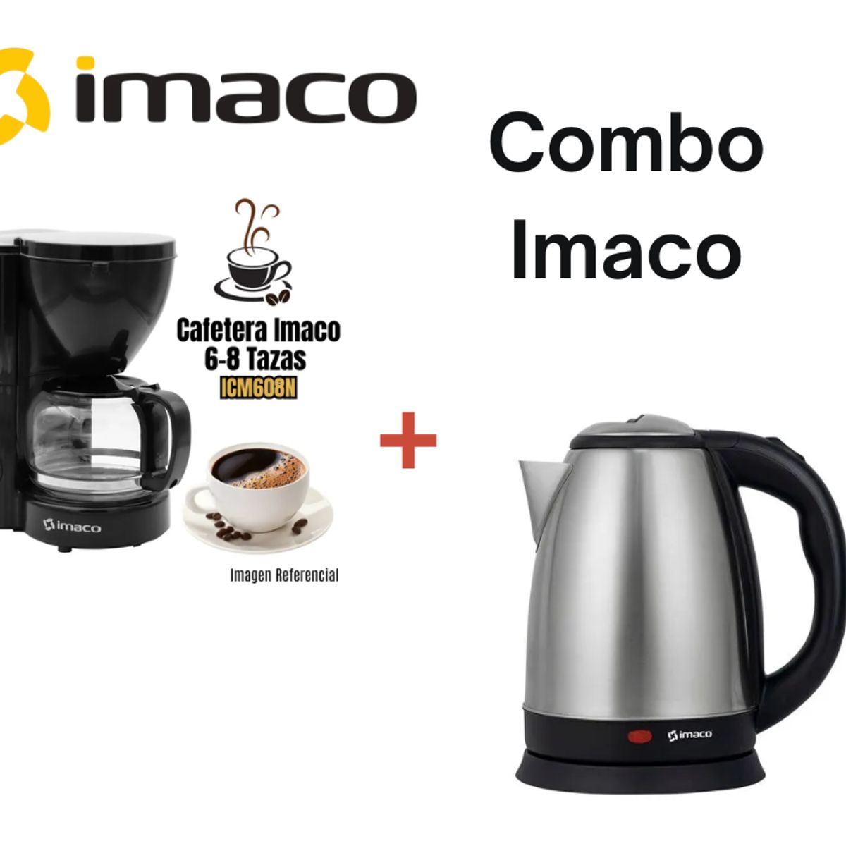IMACO - Hervidor Eléctrico Imaco KE1801 Acero 1.8 Lts + Cafetera de 6-8 Tazas Imaco ICM608N Negro