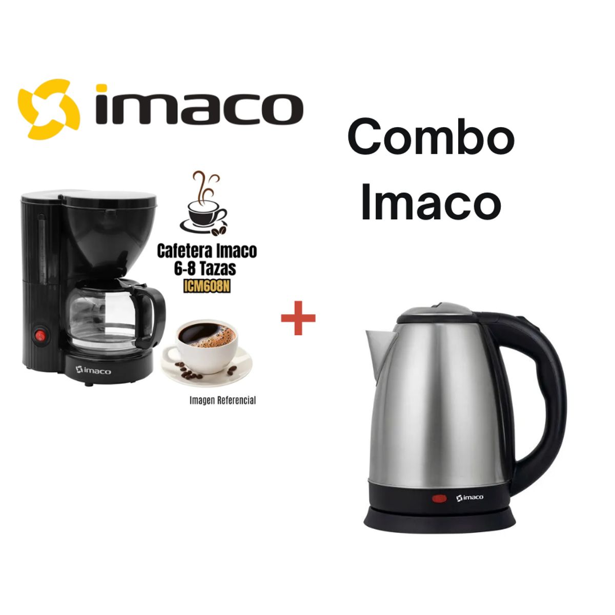 IMACO - Hervidor Eléctrico Imaco KE1801 Acero 1.8 Lts + Cafetera de 6-8 Tazas Imaco ICM608N Negro